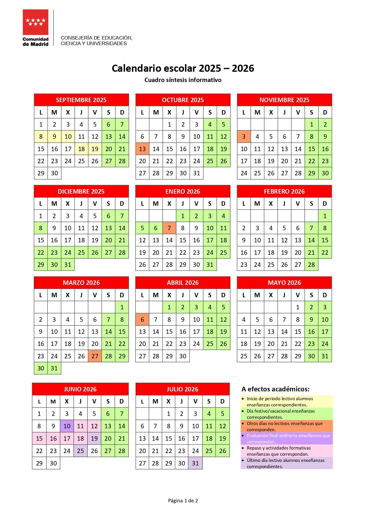Calendario escolar 2025-2026 Madrid